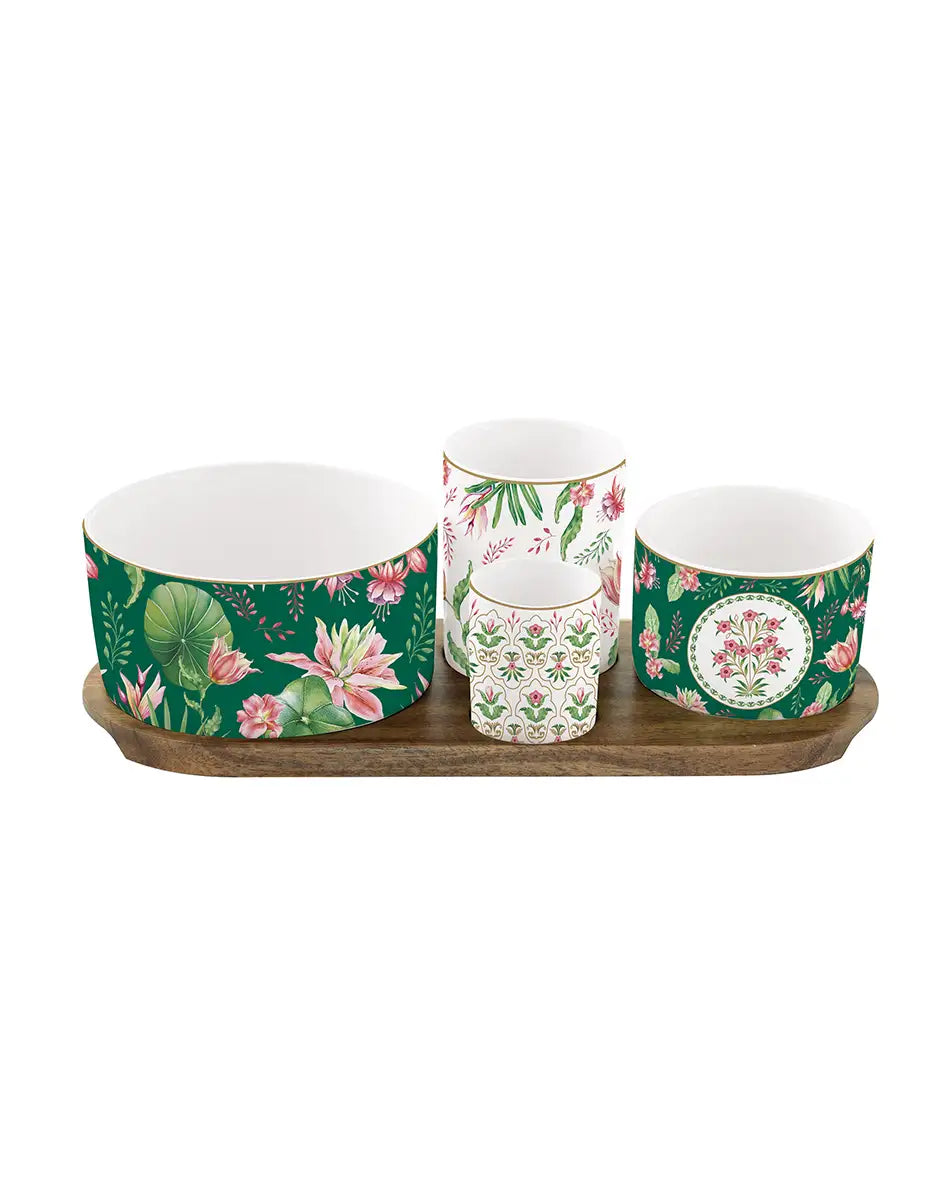Appetizer Set with Four Round Bowls on Acacia Tray Botanic Chic