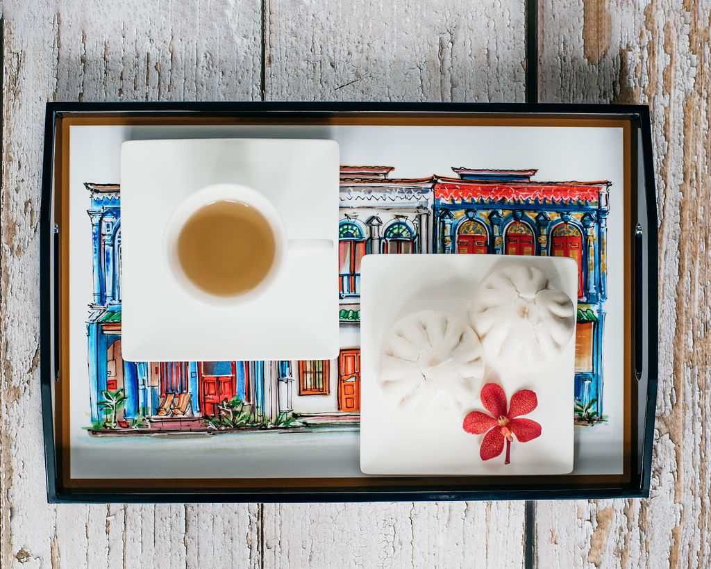 Singapore Themed Blue Lacquer Tray - Emerald Hill