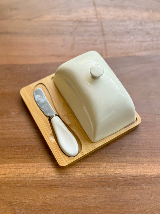 Ceramic and Bamboo Butter Dish w/ Base Plate