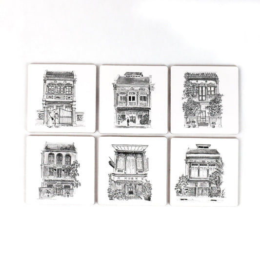 Cork Backing B&W Shophouses Coaster - Set of 6