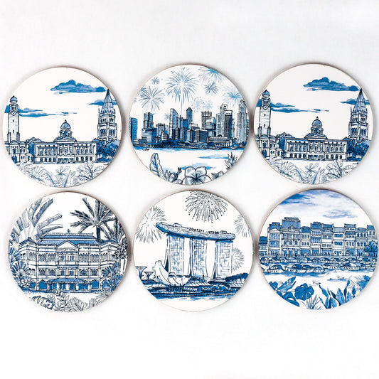 Cork Based Blue & White Coasters - Set of 6