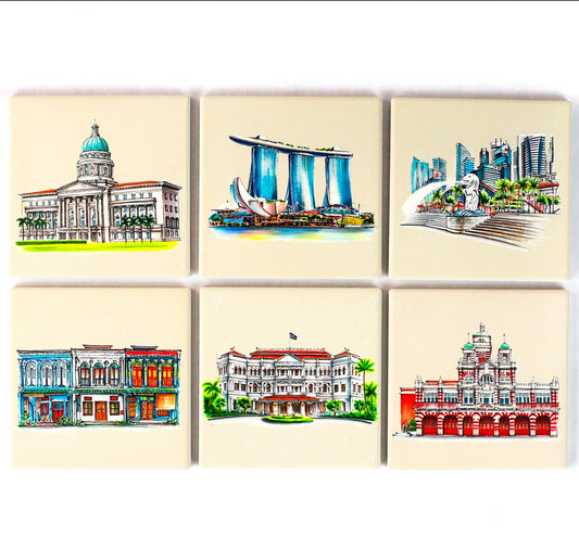 Khaki Absorbent Iconic SIngapore Coasters - Set of 6