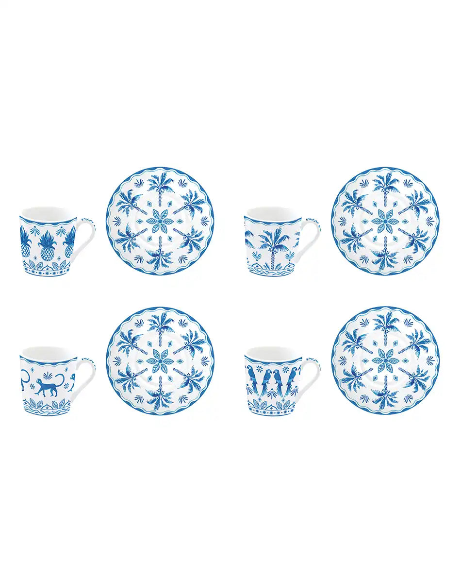 Set of Four Cups 100 ml and Saucers Exotic Vibes Blue