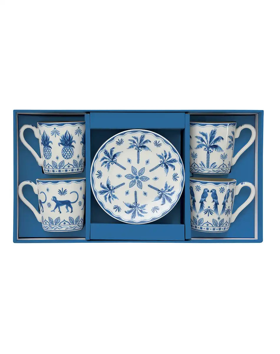 Set of Four Cups 100 ml and Saucers Exotic Vibes Blue