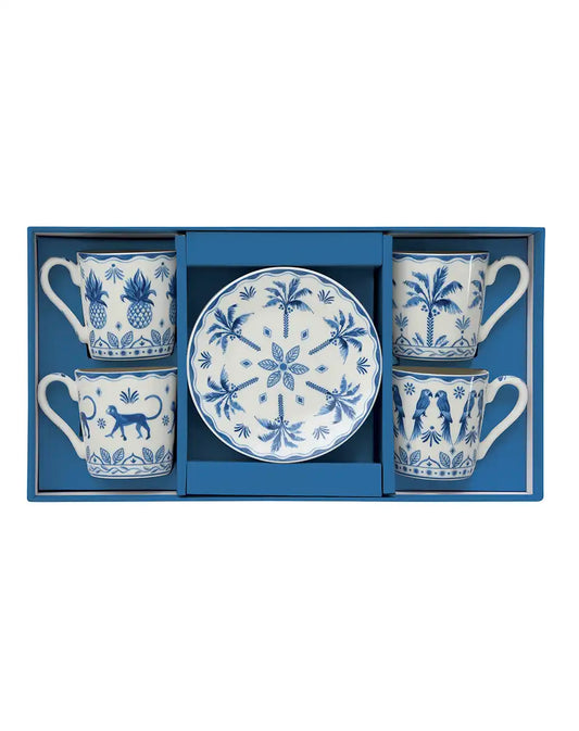 Set of Four Cups 100 ml and Saucers Exotic Vibes Blue