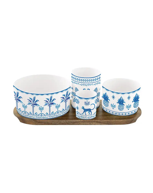 Appetizer Set with Four Round Bowls on Acacia Tray Exotic Vibes Blue