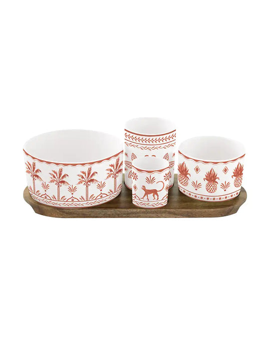 Appetizer Set with Four Round Bowls on Acacia Tray Exotic Vibes Tangerine