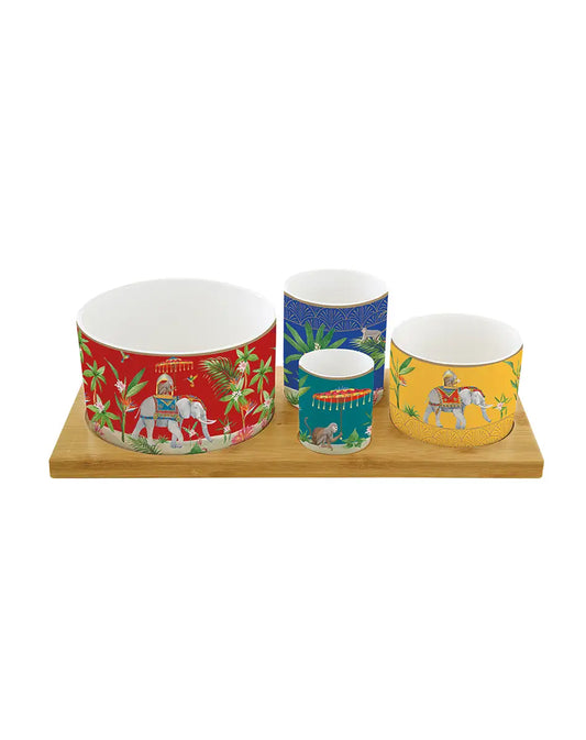 Appetizer Set with Four Round Bowls on Acacia Tray Marajah