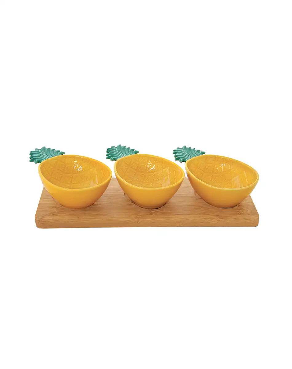 Appetizer Set with Three Pineapple Bowls on Bamboo Tray