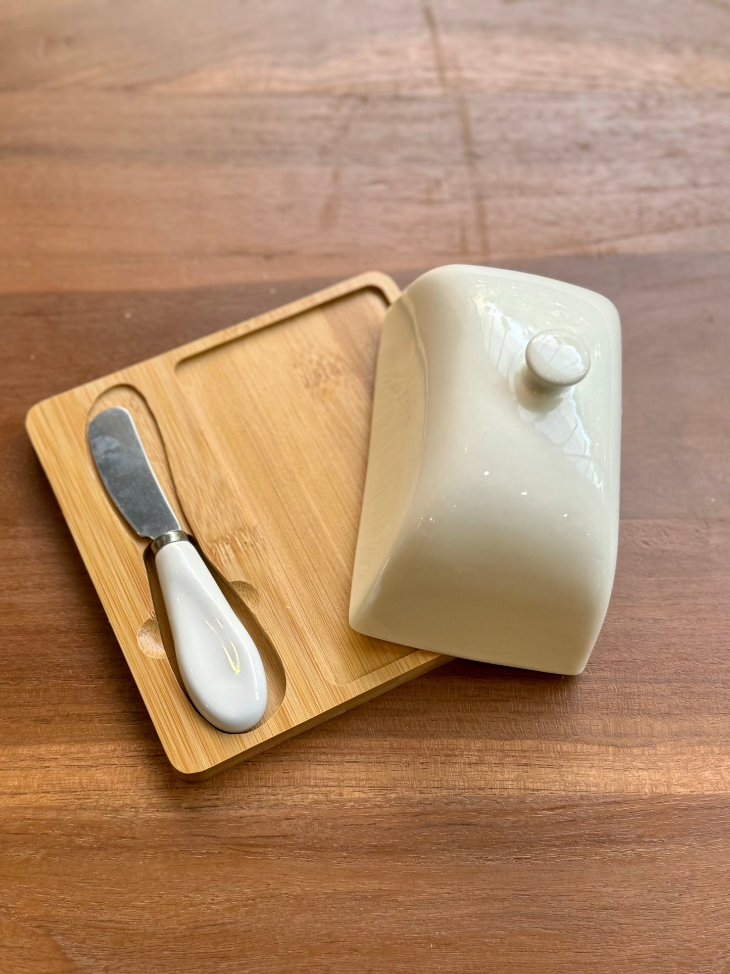 Ceramic and Bamboo Butter Dish w/ Base Plate