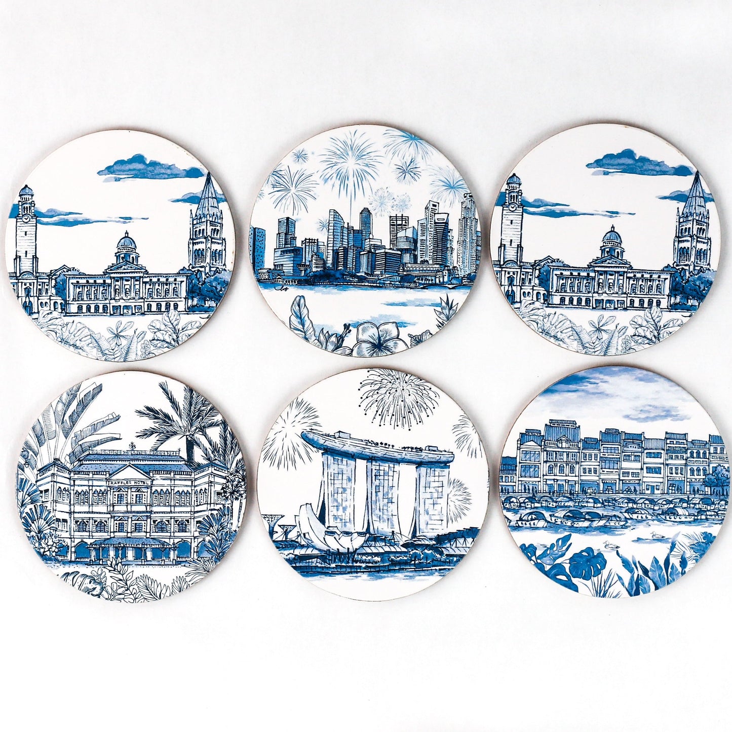 Cork Based Blue & White Coasters - Set of 6