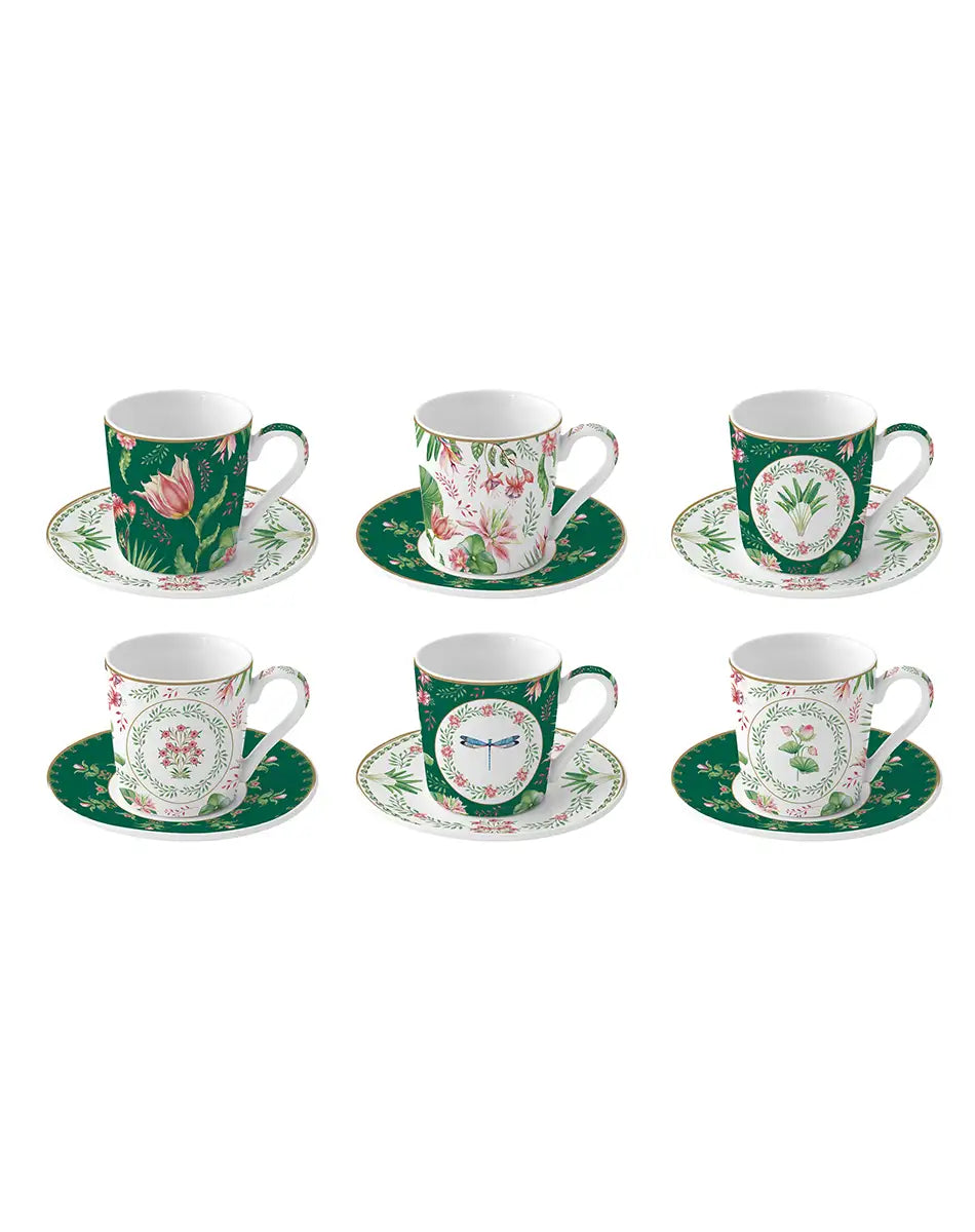 Set of Six Coffee Cups and Saucers 100 ml Botanic Chic