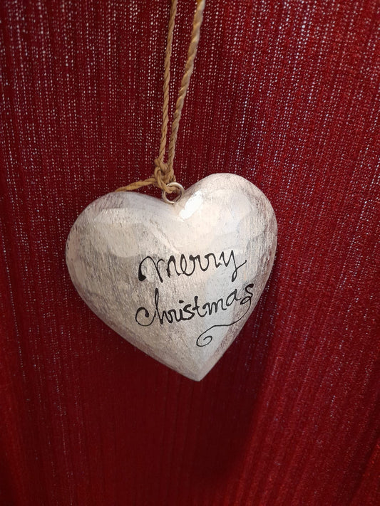 Christmas Ornament - Glittery Silver "Merry Christmas" Heart