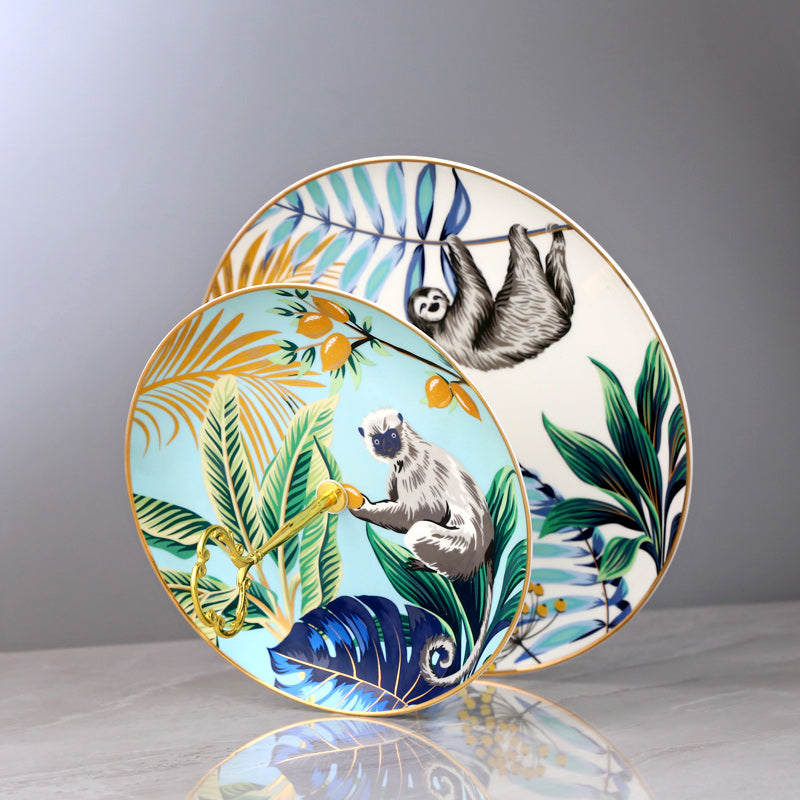 Green Macaque Gold-Rimmed Dessert Plate (Jungle Series)